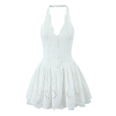 French Style Sexy Backless Halter Dress For Women Hollow Out Embroidery White Party Mini Dresses Chic Lady Summer Robe