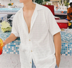 Summer Men Shirt Mesh Transparent Lapel Short Sleeve Streetwear Men Clothing 2025 Solid Color Sexy Oversize Male Shirts voguable