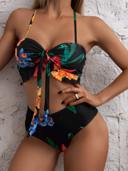 3 Pieces High Waist Swimsuit With Beach Skirt Floral Print Knot Front Bikinis Women Ruffle Swimwear Female Bathing Suit