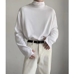 High Collar T Shirt Men Oversized Fashion Black White Casual Tshirt Men Korean Loose Long Sleeve T-shirt Mens Top M-2XL voguable