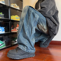 Destroyed Stitching Jeans Men's Blue Washed Jeans Gothic Style Street Trend Clothing Retro Loose Wide Leg Pants straight jeans voguable