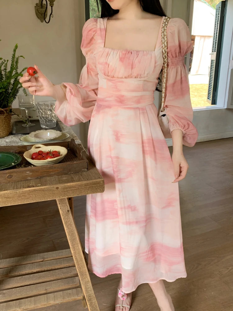 Voguable Chiffon Long Sleeve Floral Midi Dress Chic French Slim Elegant Women Dress Casual Fashion Beach Style Office Lady Dresses voguable