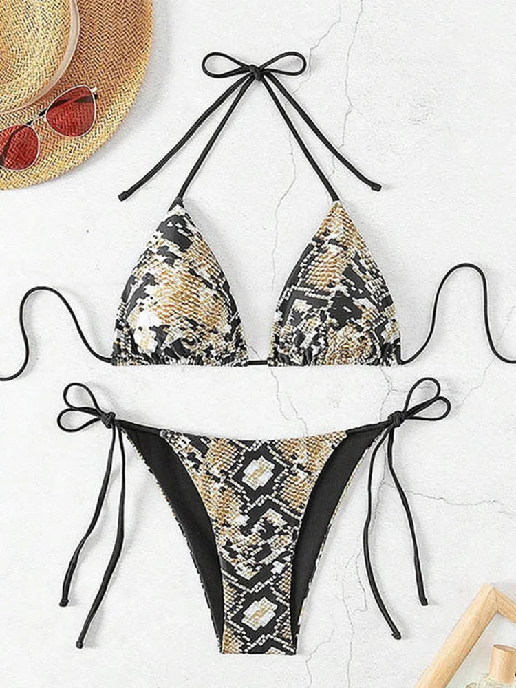 Voguable Fashion Sexy Leopard Laced Up Bikini Women Split Swimsuit Beach Vacation Bikini All Season Backless Bikini 2 Piece Set voguable