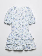 New Women Fashion Lace Embroidery Trims Floral Print Dress Vintage Puff Sleeve Female Sweet Layered Ruffle Mini Dresses