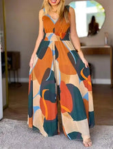 Voguable Abstract Print V-Neck Stretchy Thick Straps High Waist Backless Overalls Casual Shirred Waist Cinched Waist Wide Leg Jumpsuit voguable