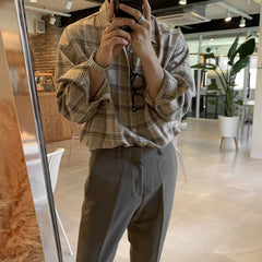 Voguable Autumn Cotton Long Sleeve Shirt Men Fashion Retro Khaki Black Plaid Shirts Men Korean Loose Oversized Casual Shirt Men M-2XL voguable