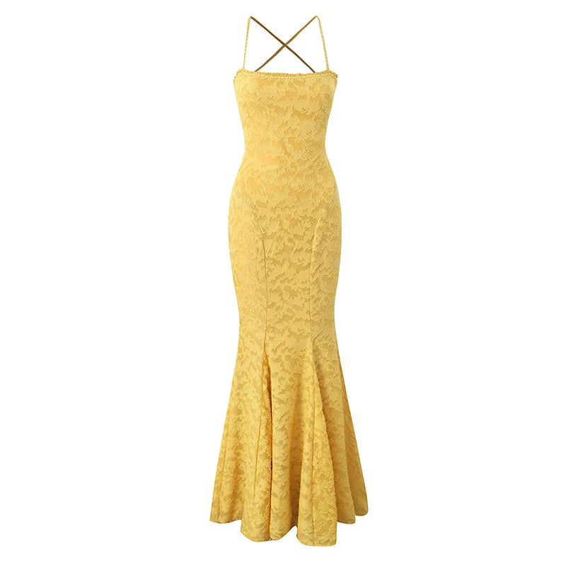 Sexy Backless Bandage Long Fishtail Dress For Women Elegant Wedding Guests Party Evening Gowns Dresses Maxi Robe Yellow voguable