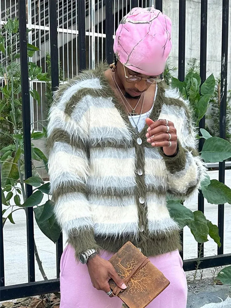 Striped Velvet V Neck Sweater Jacket For Men Fashion Casual Long Sleeve Single Breasted Mohair Coat Chic Warm Knitted Cardigan voguable