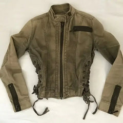 Voguable Y2K Vintage Brown Biker Jacket Women Lace Up Side Slim Fit Stand Collar Short Moto Coat Grunge Streetwear voguable