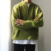 Voguable Korean Fashion Knitted Solid Color Pullover Men Autumn Luxury Sweater Mock Neck Button Long Sleeve Loose Stylish Texture Casual voguable