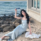 New Summer French Fashion Women Spaghetti Strap Elegant Long Mermaid Ruffles Dresses Evening Party Prom Clothes voguable