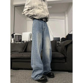 Men wear Loose Wide Leg Trousers Unisex low-rise jeans Men's Denim Pants Old Blue Washed Male Jeans Straight Patchwork mop pants
