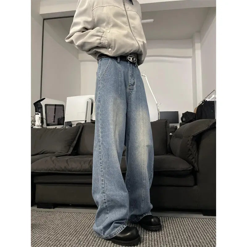 Jeans Men Loose Wide Leg Trousers Unisex low-rise jean Men's Denim Pants Old Blue Washed Male Jeans Straight Patchwork mop pants voguable