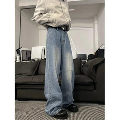 Jeans Men Loose Wide Leg Trousers Unisex low-rise jean Men's Denim Pants Old Blue Washed Male Jeans Straight Patchwork mop pants voguable