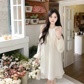 Voguable Korean Off Shoulder Dress Women Summer Sexy Loose Halter Neck Fairy Dress Y2K Fashion Apricot Party Lantern Sleeves Vestidos voguable