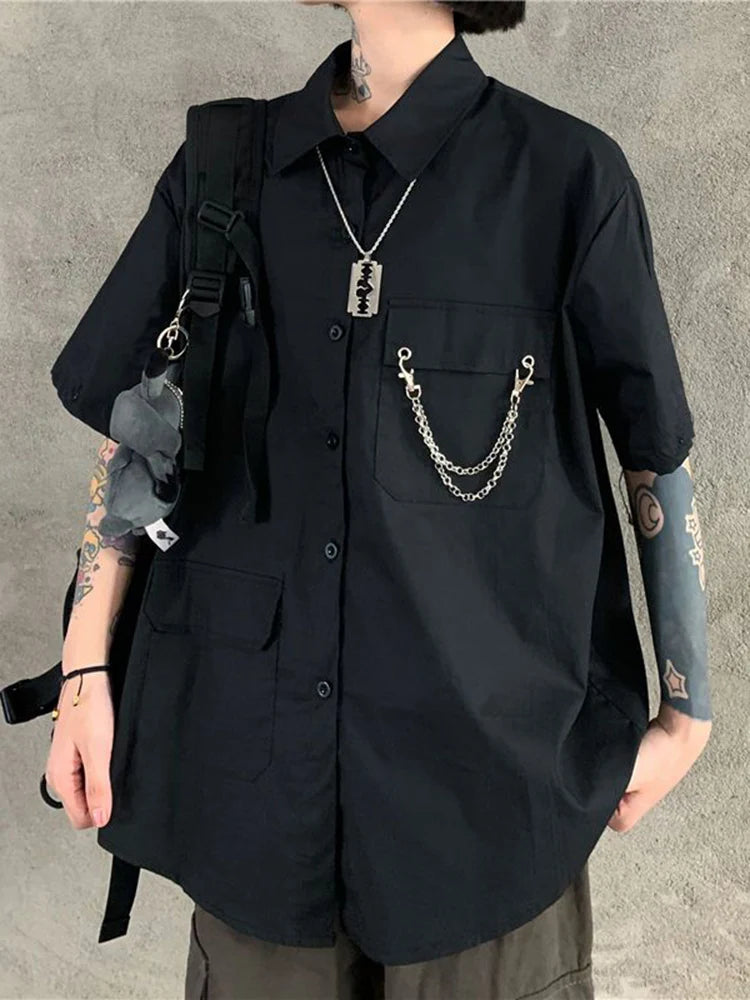 Voguable  Dark Academic Gothic Tie Shirt Women Harajuku Vintage Patchwork Y2K Blouse Bf Oversize Loose Removable Long Sleeve Tops voguable