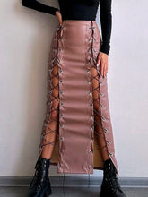 Voguable Sexy Drawstring Bandage PU Faux Leather Skirts Womens Autumn Summer Fashion Asymmetrical High Waisted Bodycon Long Skirts voguable