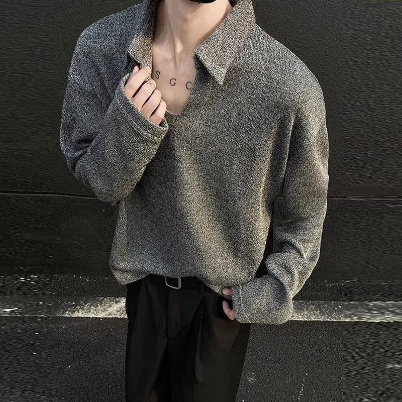 New American Retro Men Polo Shirt Luxury Knitted Solid Color V Neck Long Sleeve T-shirt Casual Premium Quality Textured Knitwear voguable