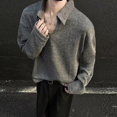 New American Retro Men Polo Shirt Luxury Knitted Solid Color V Neck Long Sleeve T-shirt Casual Premium Quality Textured Knitwear voguable