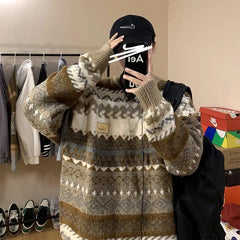 Vintage Boho Floral Striped Sweater Women Warm Winter Long Sleeve Tops Men Hip Hop Couples Teens Pullover Korean Fashion Clothes