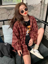 Voguable Vintage Women Plaid Shirt Summer Long Sleeve Oversize Harajuku Bf Student Tops Loose Couple Button Up Shirts voguable