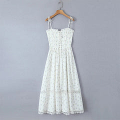 YENKYE Sexy Elegant Women Lace Trim Floral Print Sling Dresses Front Bandage Hem Slit A-line Midi Summer Dress Holiday Robe voguable