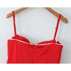 YENKYE Sexy Elegant Women Lace Patchwork Red Satin Sling Mini Dress Female Summer Ball Gown Party Dresses Christmas Robe voguable