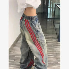 American hip-hop retro jeans for men and women loose and trendy straight leg striped patchwork casual washed wide leg pants