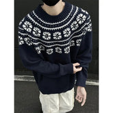 Vintage Navy Blue Sweater Jacquard O-Neck Knit Pullover New Autumn Winter Loose Couple Knitted Sweater Tops Aesthetic Streetwear voguable