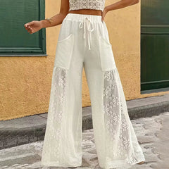Voguable Summer Lace Patchwork High Waist Drawstring Pockets Loose Fit Wide-leg Pants Casual Beach Vacation Comfortable Trousers Clubwear voguable