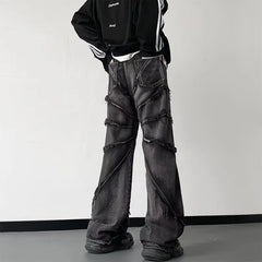 Voguable Y2K Punk Black American Street Rock Retro High Waist Oversized Jeans Men Raw Edge Washed Darkwear Wide Leg Trousers Men voguable