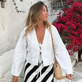 ALOBEE Loose Lace Up Bow Shirt Women Elegant V Neck Long Flare Sleeve Lady 2024 New Spring Summer Simple High Street Female Tops voguable