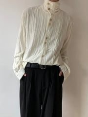 High-end Pleated Texture Shirt Men Draped Loose Casual Top French Retro Long-sleeved Shirt Unisex Vintage Elegant Button Blouse voguable