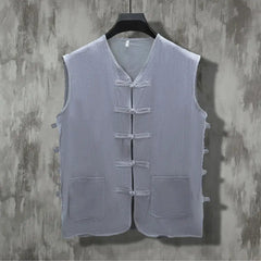 Voguable Summer Men's New Chinese Style Patchwork V-Neck Fashion Solid Color Button Pocket Casual All-match Sleeveless Vest Tops voguable