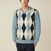 New Japanese Retro Men Sweater Luxury Trendy Plaid Patchwork V Neck Knit Solid Color Pullover Leisure Loose Long Sleeve Knitwear voguable