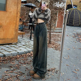 Women's Winter New Style Petite American Vintage Straight-leg Jeans Grey Fleece-lined Slimming Draped Wide-leg Trousers voguable