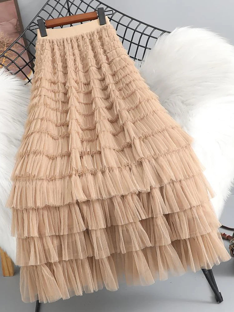 Summer Elegant Women Tulle Skirt Korean Fashion Mesh A Line Ladies Cake Skirt High Waist Loose Party Female Skirts New voguable