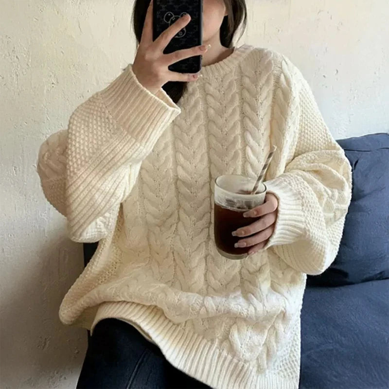 Cable Knit Sweater for Women Long Sleeve Crew Neck Oversized Pullover Plain Jumper Ladies Autumn Winter Slouchy Casual Outfit voguable