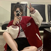 Y2k Varsity Bomber Jacket Women Red Brown Korean Fashion Winter Coat Vintage Baseball Jackets Hip Hop Streetwear Outerwear Tide voguable