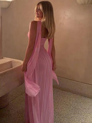 Temperament Mesh Patchwork Maxi Dress Women Solid Scarf+Sexy Backless Strapless Ruffles Midnight Banquet Party Outfits voguable