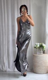 Voguable Solid Sexy V-neck Silver High Slit Camisole Dress Women Fashion Off Shoulder Backless Pleated Dresses Lady Party Evening Vestido voguable