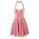 Cute Girl Red Plaid Halter Mini Dresses Women Front Button Pockets Sexy Backless A-line Short Summer Dress Cotton Robe voguable