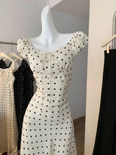 Voguable French Style Elegant Short Sleeve Dress Women Summer Waist Cinching Slimming Long Skirt Flounce Collar Polka Dot Dresses voguable