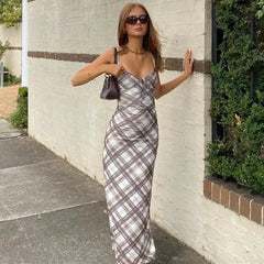 Vintage Plaid Print V Neck Midi Dress Women Summer Sexy Backless Spaghetti Straps Dress Y2K Club Party Slim All Match Vestidos voguable