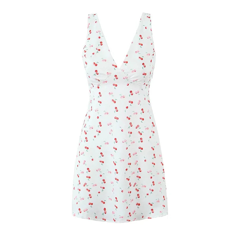 Summer Women Sexy Backless Cherry Printed Tank Dress Sleeveless V Neck A-line Holiday Short Dresses French Style Robe voguable