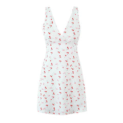 Summer Women Sexy Backless Cherry Printed Tank Dress Sleeveless V Neck A-line Holiday Short Dresses French Style Robe voguable