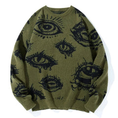 New American Trendy Men Sweater High Street Dark Eyes Printed Knit O Neck Long Sleeve Pullover Casual Loose High Street Knitwear voguable