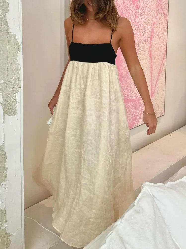 TARUXY Contrast Color Suspender Dress Women's Fashion Sexy Backless Long Ball Gown Dress Sleeveless Loose Female Holiday Clothes voguable