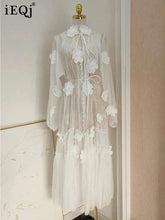 Solid Flower Embroidery Lace Up Dresses For Women Round Neck High Waist Long Sleeve Elegant Dress Summer 2025 voguable