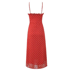 New Women Polka Dot Red Sexy Long Dreses Ruffle O Neck A-line Midi Summer Party Dressess Holiday Robe voguable